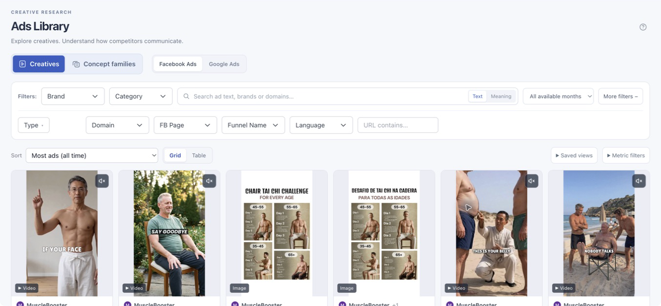 Ads Library with text and meaning search, concept families, filters and real advertising creatives