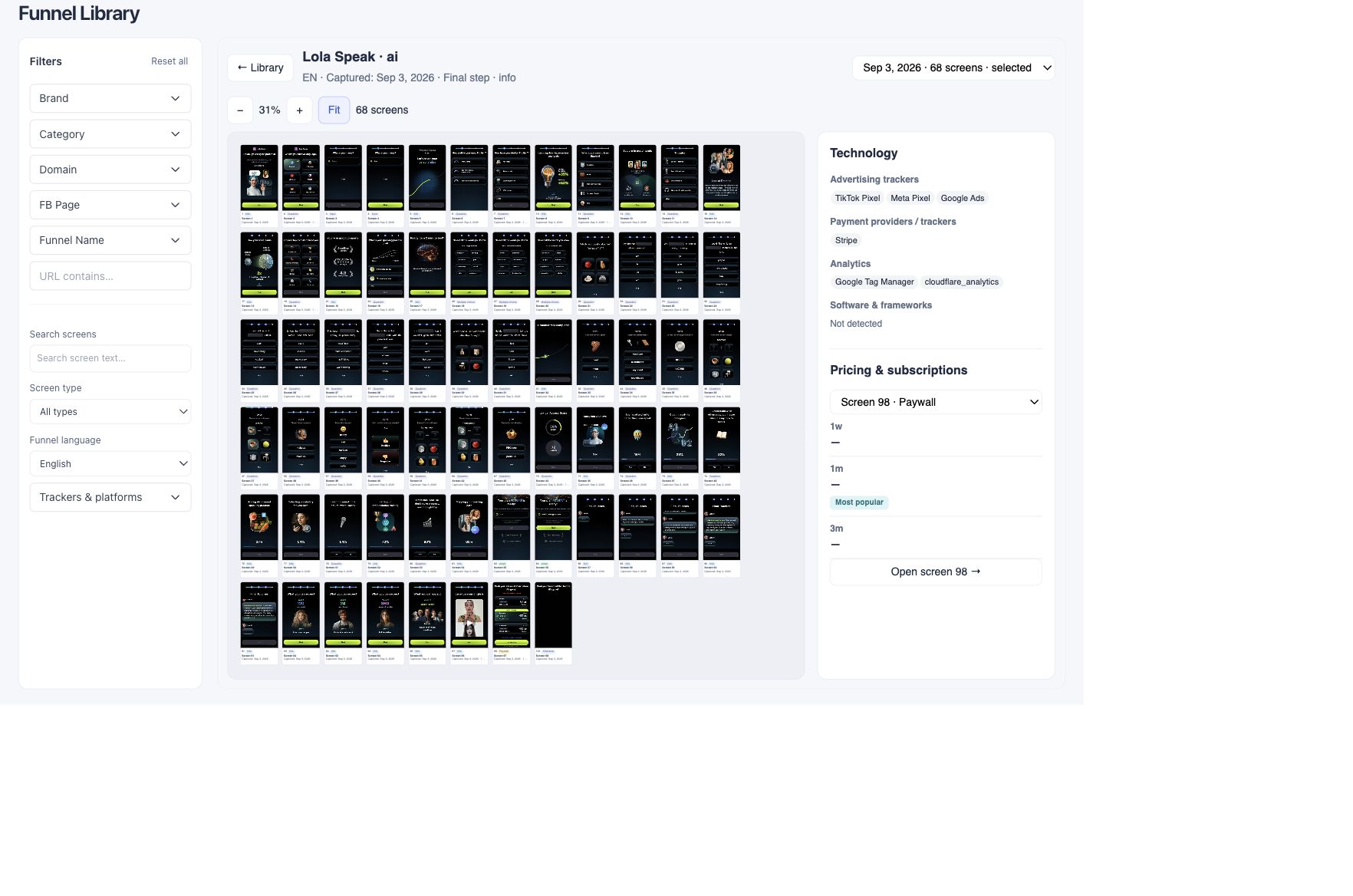 Funnels Library showing Lola Speak’s captured screens and funnel details